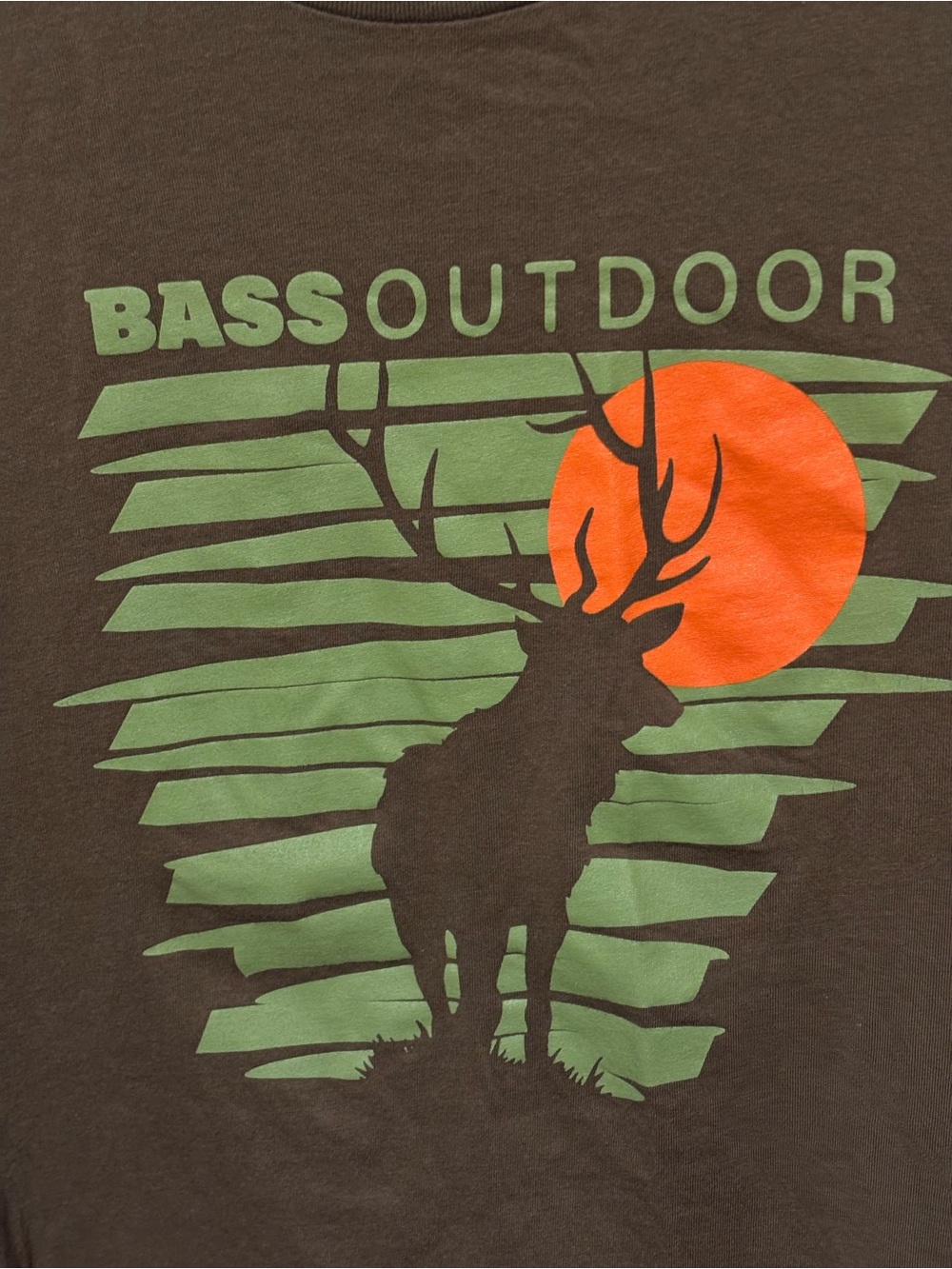 Bass Brown Tee with Green Stripes and Orange Sun Graphic